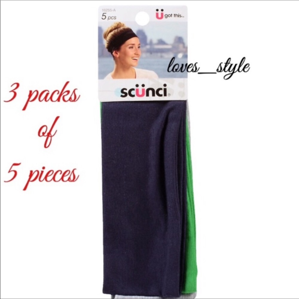 3 packs of Scunci Headbands: 5 bands in each pack.